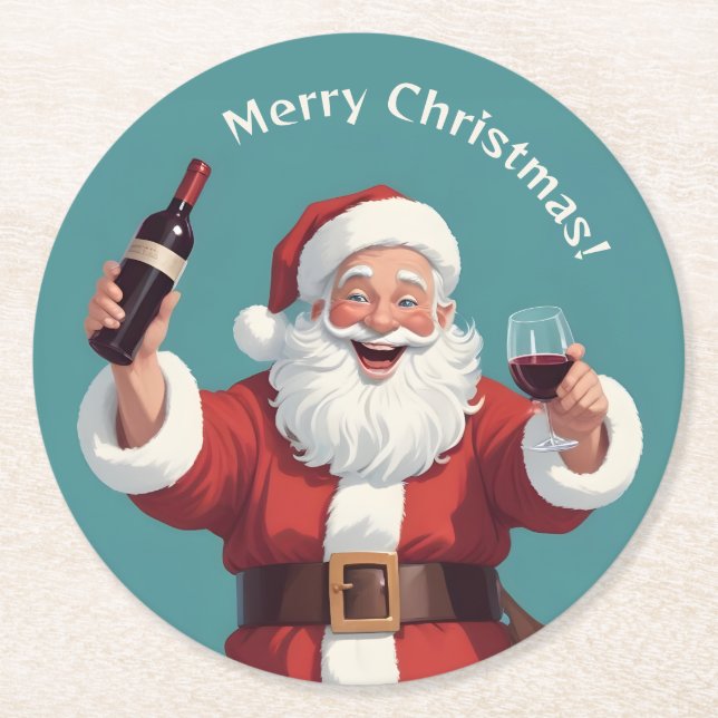 Custom Text Funny Drunk Santa Round Paper Coaster (Front)