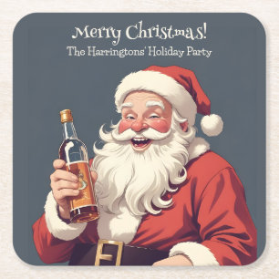 Custom Text Funny Drunk Santa Square Paper Coaster
