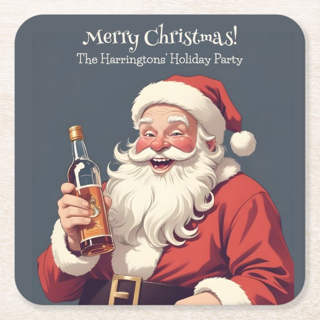 Custom Text Funny Drunk Santa Square Paper Coaster (Front)