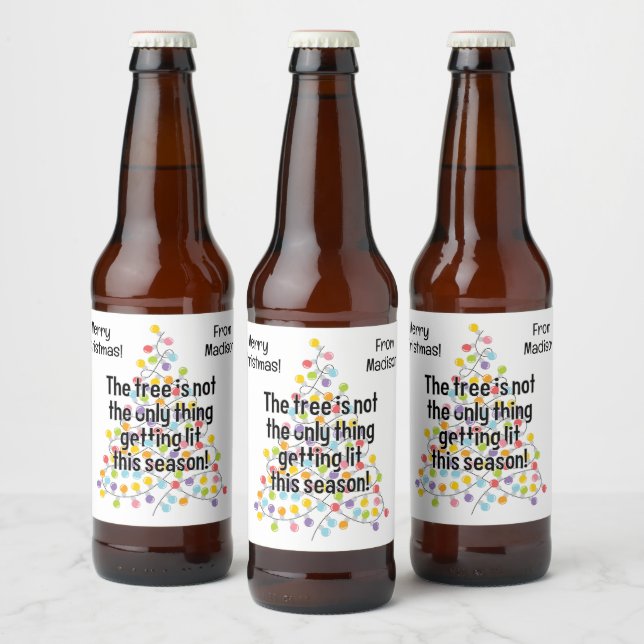 Custom Text Funny Lit Christmas Tree Beer Bottle Label (Bottles)