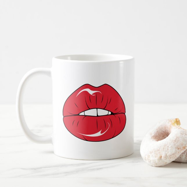 Custom Text Funny Red Lips Cartoon Mouth Coffee Mug (With Donut)