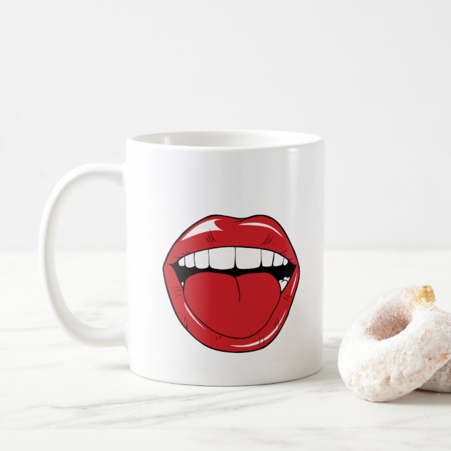 Custom Text Funny Red Lips Cartoon Mouth Coffee Mug (With Donut)