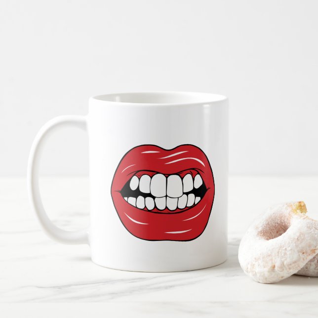 Custom Text Funny Red Lips Cartoon Mouth Coffee Mug (With Donut)