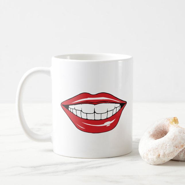 Custom Text Funny Red Lips Cartoon Mouth Coffee Mug (With Donut)