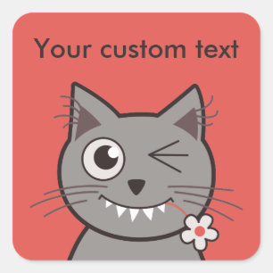 Custom Text Funny Winking Cartoon Kitty Cat Square Sticker