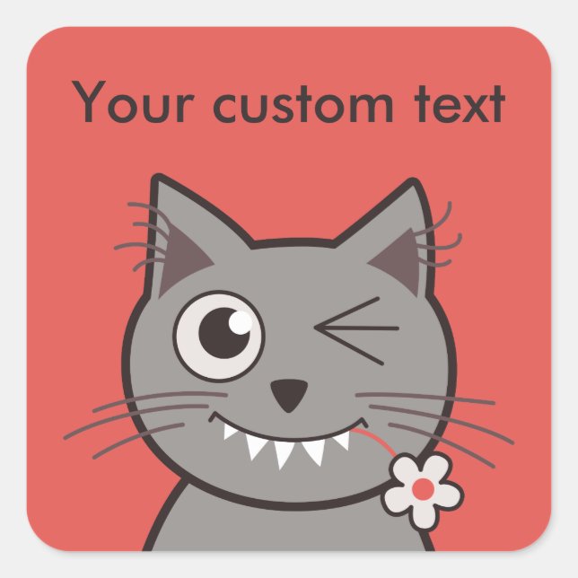 Custom Text Funny Winking Cartoon Kitty Cat Square Sticker (Front)