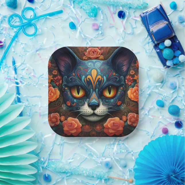 Custom text 💀😺 Gato De Los Muertos Paper Plate (Party)