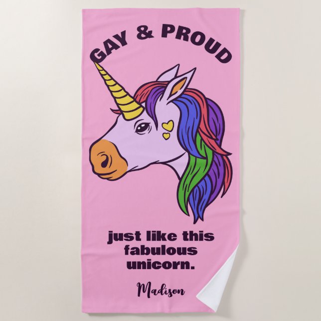 Custom Text Gay Unicorn Beach Towel (Front)