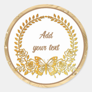 Custom Text, Gold Butterfly and Flower Classic Round Sticker