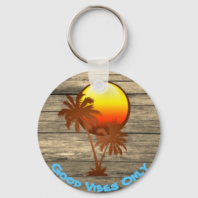 Custom Text Good Vibes Only Sunset Pier Beach Key Ring (Front)