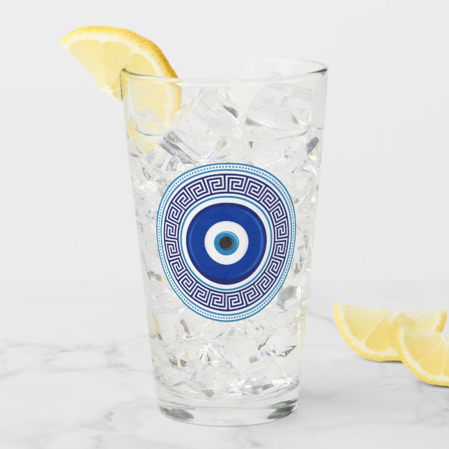 Custom Text Greek Pattern Evil Eye Nazar Glass (Front Ice)