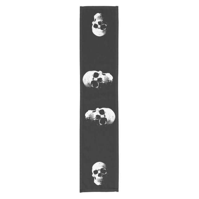 Custom Text Halloween Party Skull Black & White Short Table Runner (Front)