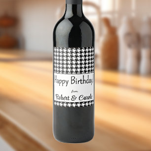 Custom Text, Happy Birthday Houndstooth (6) Wine Label