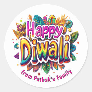 Custom text, Happy Diwali Leaf Burst Classic Round Sticker