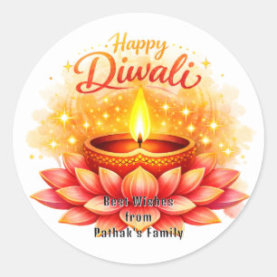 Custom text, Happy Diwali Lotus Diya Classic Round Sticker