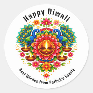 Custom text, Happy Diwali Peacock Diya Classic Round Sticker