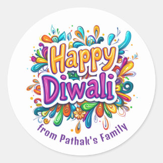 Custom text, Happy Diwali Swirl & Leaf Classic Round Sticker