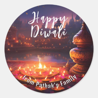Custom text, Happy Diwali Temple Lights Classic Round Sticker