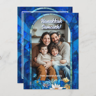 Custom text Happy Hanukkah, stained glass Holiday Card