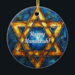 Custom text Happy Hanukkah✡️, Star of David Ceramic Ornament<br><div class="desc">This charming Hanukkah ceramic circle ornament, named “Starry Night Hanukkah Charm, ” is a delightful addition to any holiday decor. It features a radiant Star of David in a glowing golden hue set against a deep blue background, reminiscent of a starlit night sky. The elegant white script in the centre...</div>