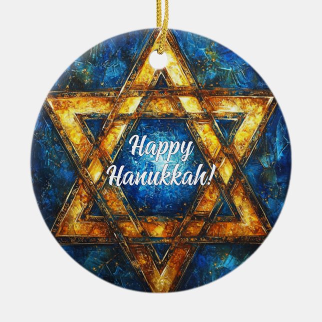 Custom text Happy Hanukkah✡️, Star of David Ceramic Ornament (Front)