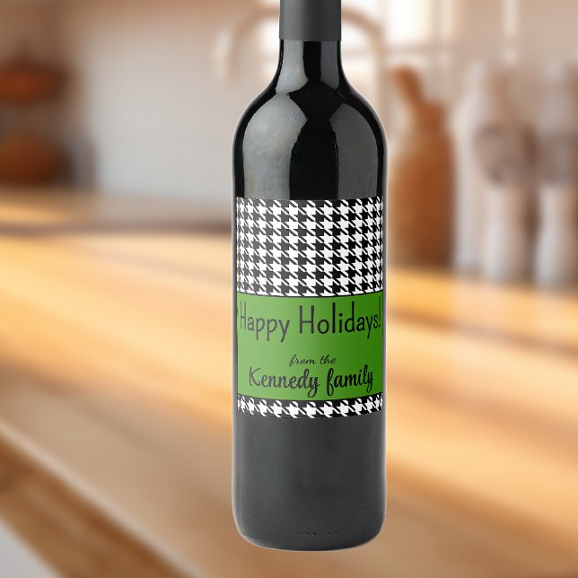 Custom Text, Happy Holidays Green Houndstooth (6) Wine Label (Creator Uploaded)