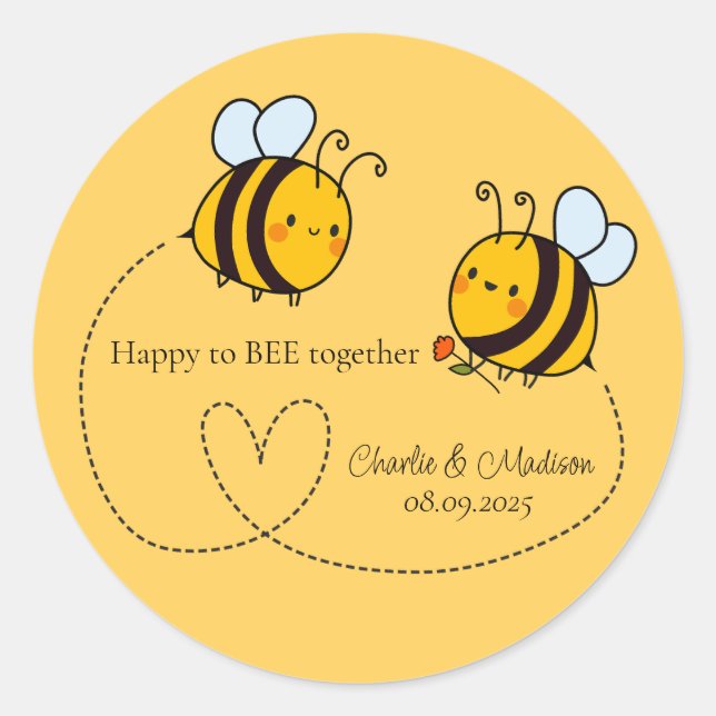 Custom Text Happy Love Bees Classic Round Sticker (Front)