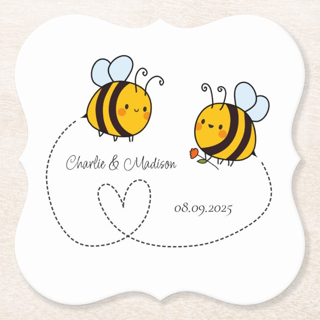 Custom Text Happy Love Bees Paper Coaster (Front)