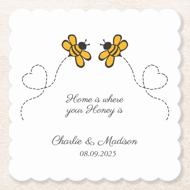 Custom Text Happy Love Bees Paper Coaster (Front)
