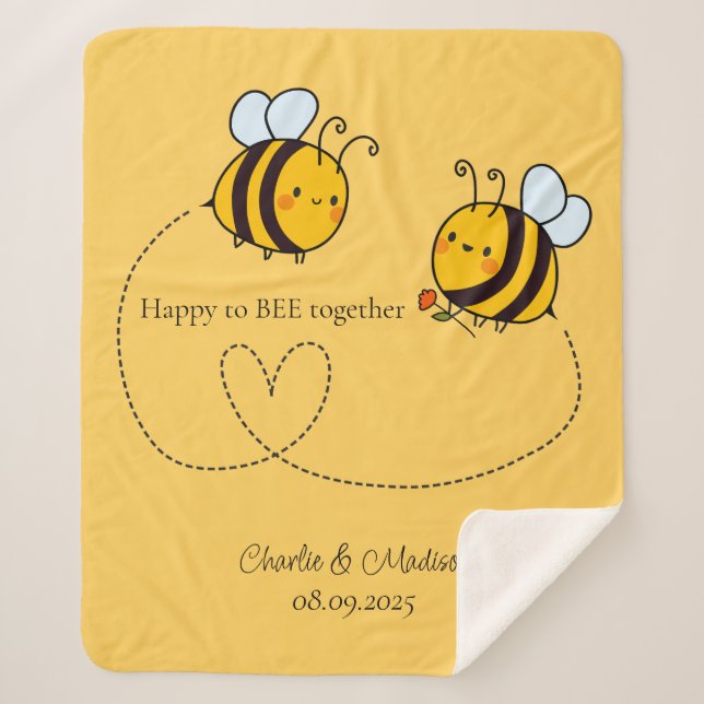 Custom Text Happy Love Bees Sherpa Blanket (Front)