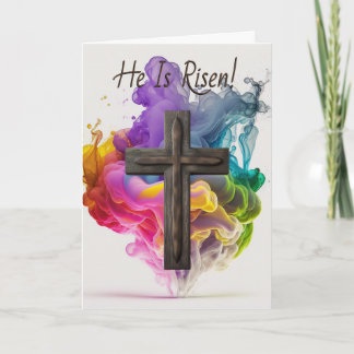Custom text, 'He is Risen' Rainbow Cross Easter Card