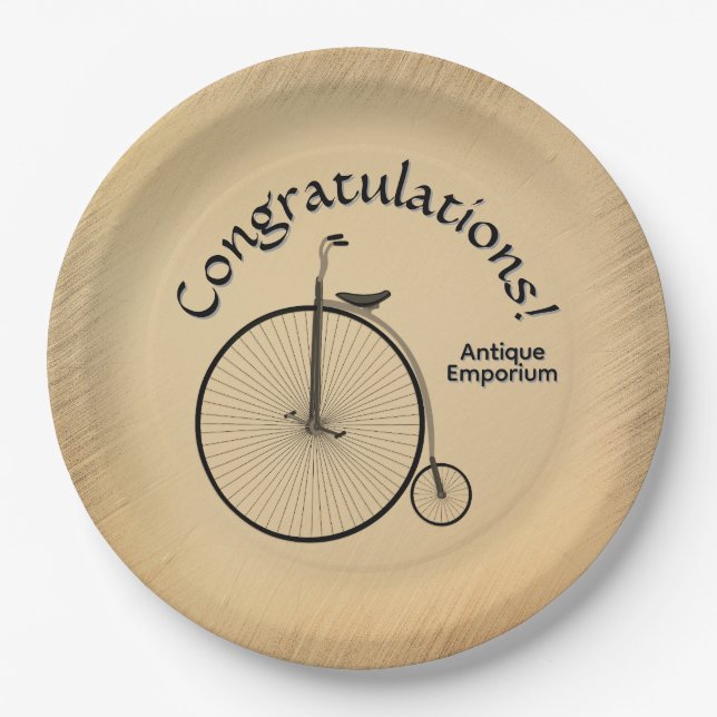 Custom Text High-Wheel Antique Bicycle Rustic  Paper Plate (Front)