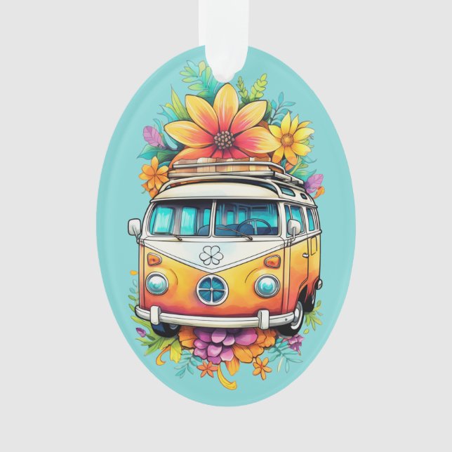 Custom Text Hippie Van Ornament (Front)
