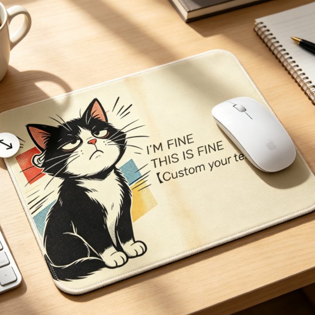 Custom Text I'm Fine This Is Fine Sarcastic Cat Mo Mouse Pad (Sarcastic vintage comic cat mouse pad featuring “I'm Fine This Is Fine”. Add your custom text for a )