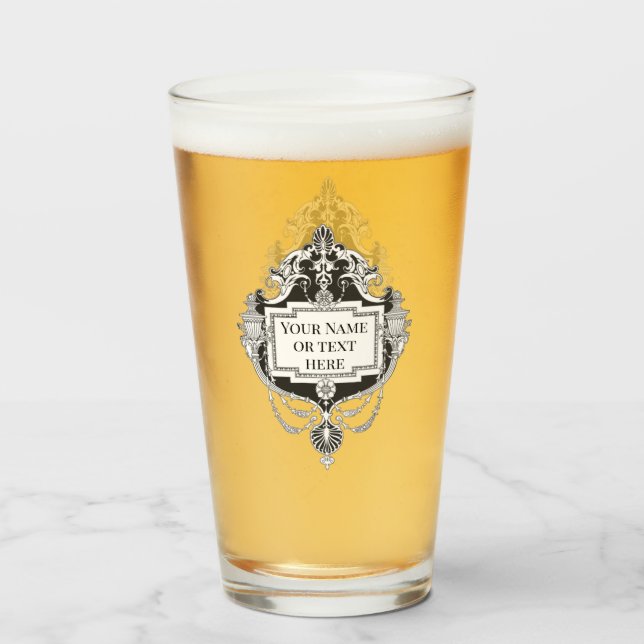 Custom text in fancy mortise cut Pint Glass (Front Filled)