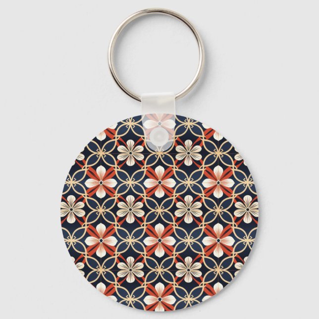 Custom Text Japanese Floral Pattern Key Ring (Front)