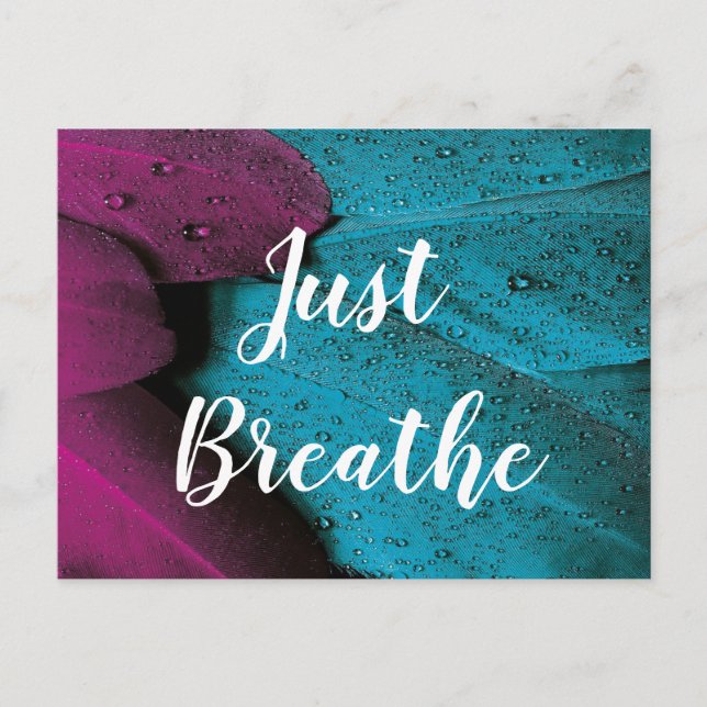 Custom Text Just Breathe Dark Pink & Blue Feathers Postcard (Front)