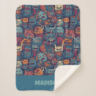 Custom Text Kids' Monster Pattern Sherpa Blanket