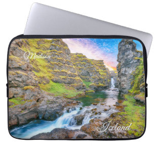Custom Text Kolufossar Waterfalls, Iceland Laptop Sleeve
