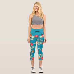 Custom text l Adorable blue pattern l Cute floral Capri Leggings