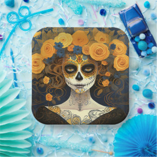 Custom text 💀 La Calavera Catrina with flowers Paper Plate