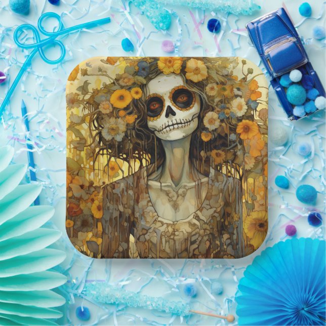 Custom text 💀  La Calavera Catrina with flowers Paper Plate (Party)