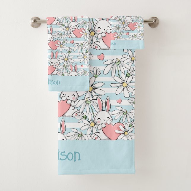 Custom Text Love Bunnies Pattern Bath Towel Set (Insitu)