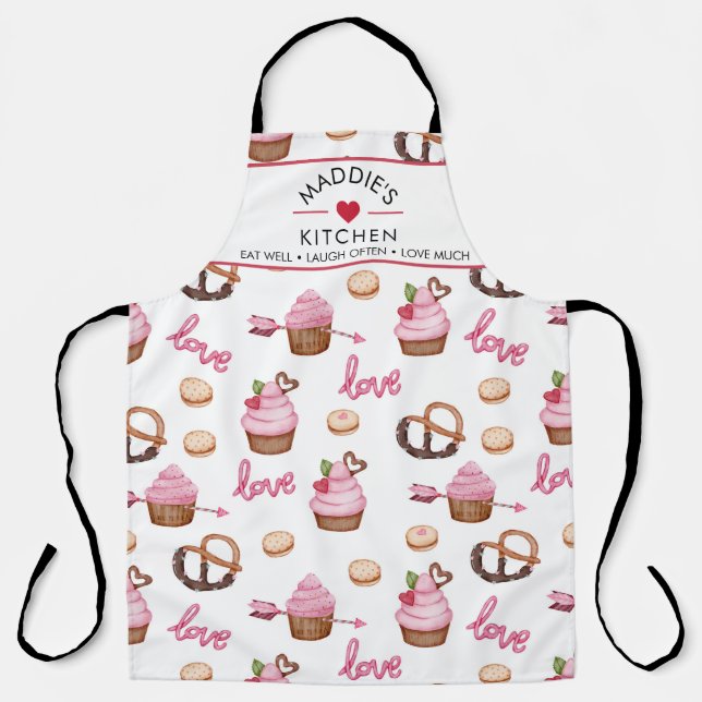 Custom Text Love Cupcake Pattern Apron (Front)