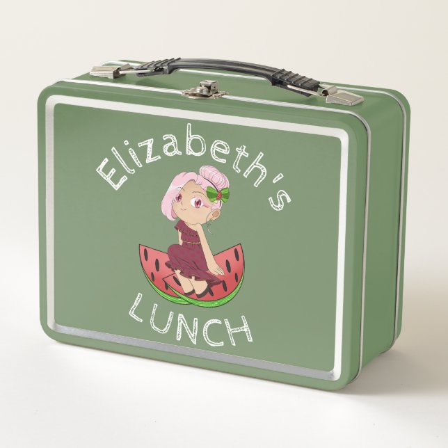 Custom Text Lunch Box with Watermelon Chibi (Front)