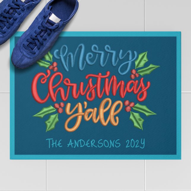 Custom Text Merry Christmas Y'ALL BLUE RED GREEN Doormat (Creator Uploaded)