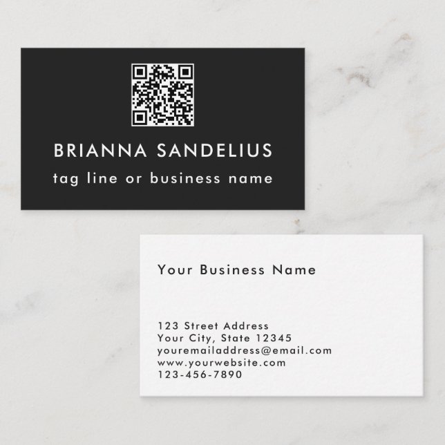 Custom Text Modern Black QR Code Professional Business Card (Front/Back)
