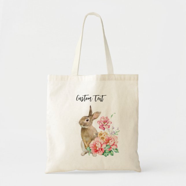 CUSTOM TEXT - Modern Easter Bunny + Flowers Tote Bag (Front)