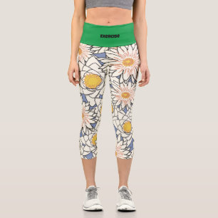 Custom text Modern vibrant Green and floral Capri Leggings