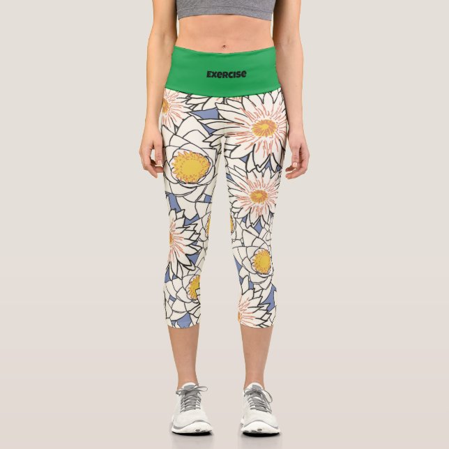 Custom text Modern vibrant Green and floral Capri Leggings (Front)